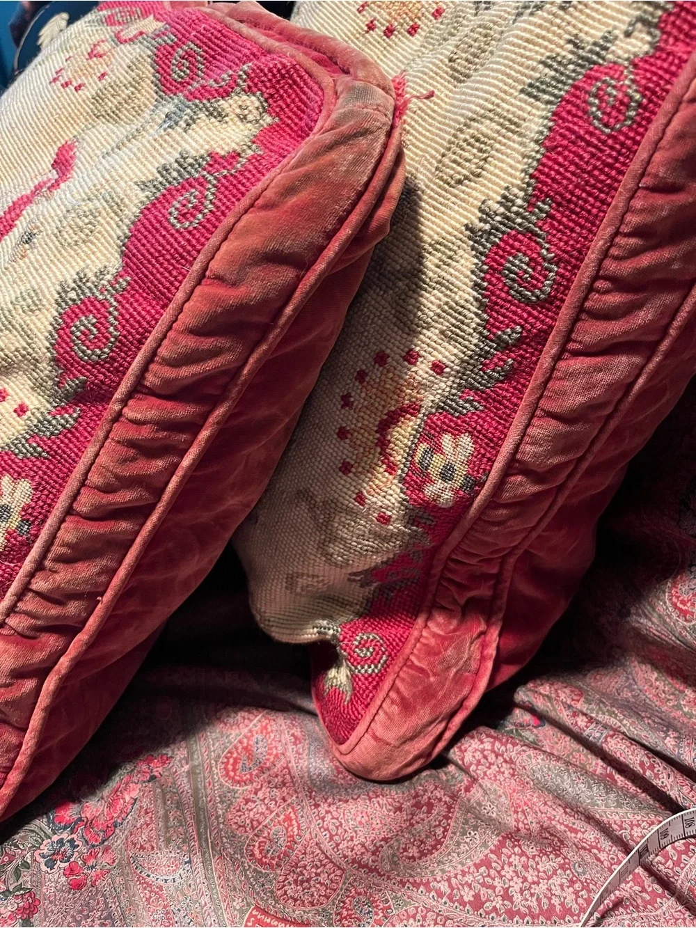 Wool Needlepoint Throw Pillows Feather Cushions Rooster Design Pair